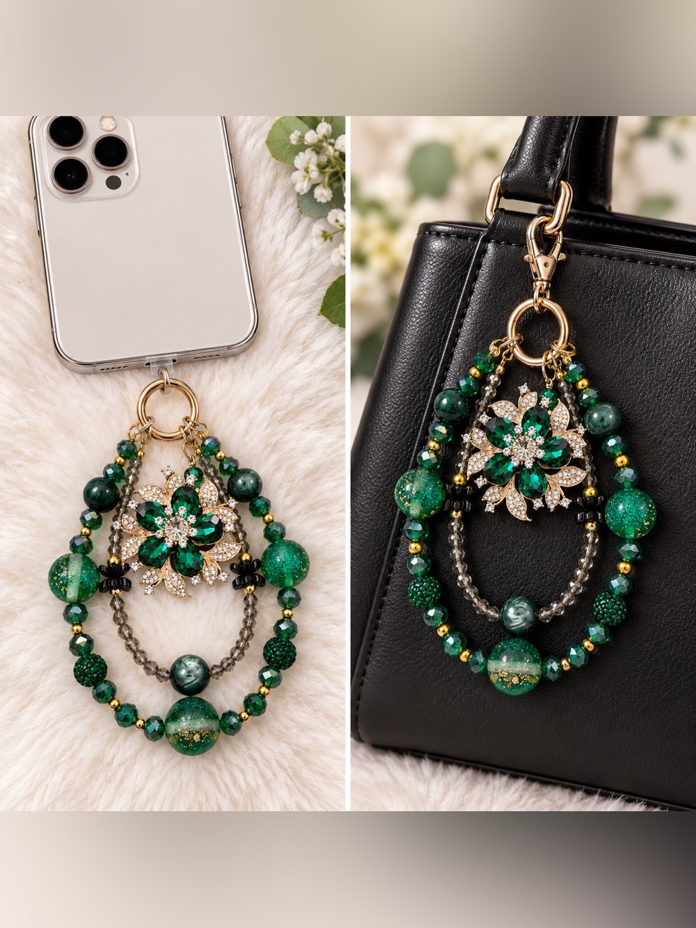 Green Crystal Flower Beaded Bag Charm Keychain phone wristlet